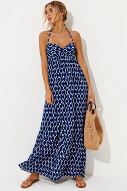 Robin Piccone Java Ikat Halter Maxi Dress Blue White Swim Cover Up Small